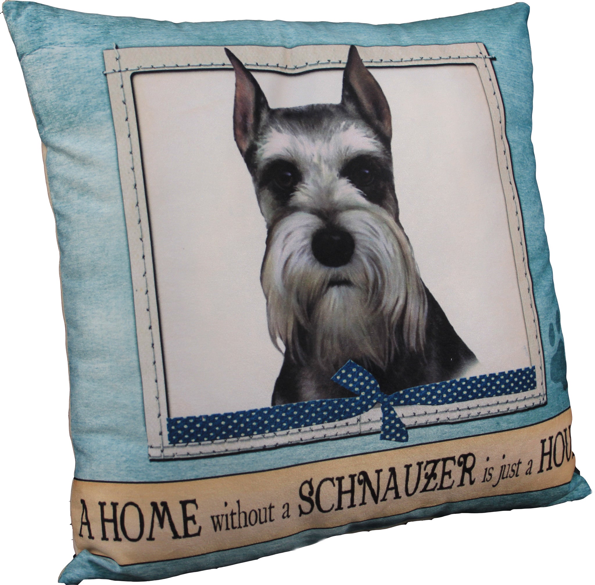 Measures approx 16" x 16" Outside is 100% Polyester Inside stuffed with 100% Polyester Make your sofa a friendlier place with this lovable dog throw pillow which is available for a wide range of breeds. Each of these decorative pillows features a large picture of a particular breed of dog, along with the message "A HOME without a 'dog breed' is just a HOUSE".