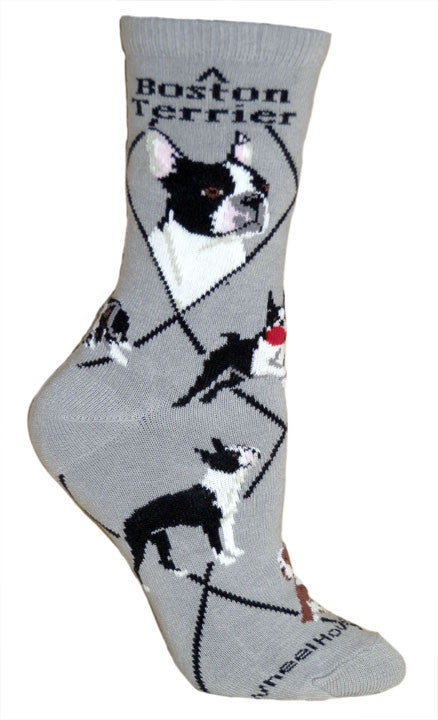 Boston Terrier Dog Breed Gray Lightweight Stretch Cotton Adult Novelty Socks