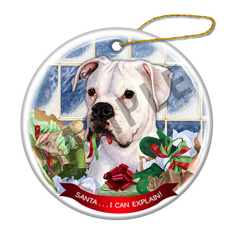 Boxer White Uncropped Howliday Dog Christmas Ornament