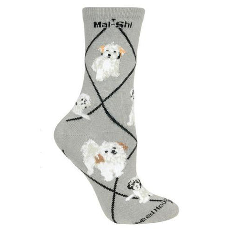 Mal-Shi Dog Breed Novelty Socks Gray