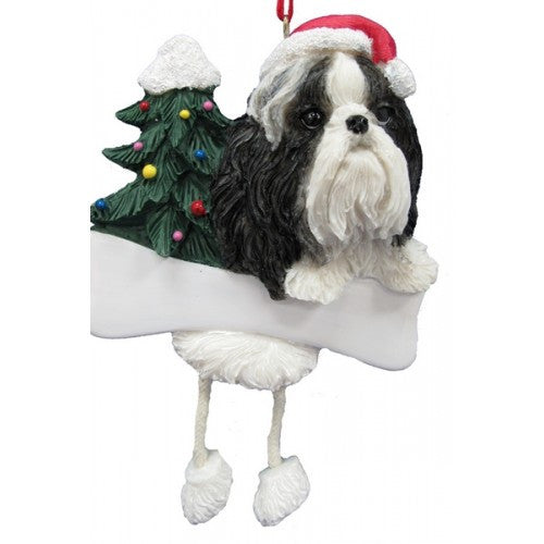 Dangling Leg Shih Tzu Black and White Dog Christmas Ornament