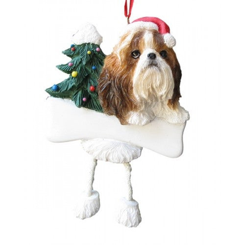 Dangling Leg Shih Tzu Tan and White Dog Christmas Ornament
