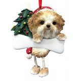 Dangling Leg Shih Tzu Tan and White Puppy Dog Christmas Ornament