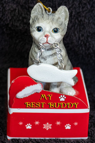 Tabby Silver Cat Statue Best Buddy Christmas Ornament