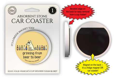 Teddy The Dog Grinning From Beer To Beer Magnetic Car Coaster
